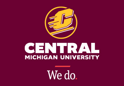 We do tagline vertical example, a gold Action C with white drop shadow lines are located above the words “Central Michigan University