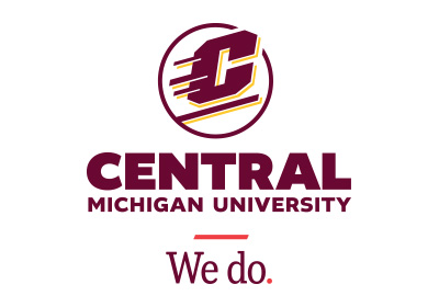 We do tagline vertical example, a maroon Action C with gold drop shadow lines are located above the words “Central Michigan University