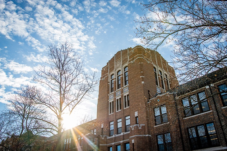 Sunshine peaks over Warriner Hall on Wednesday, March 2nd.