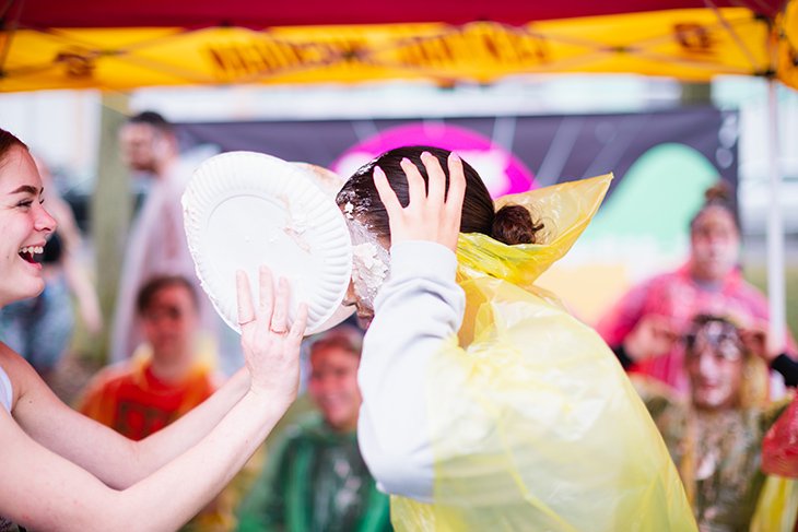 Students line up to pie their ‘favorite’ sorority or fraternity member outside of the Bovee University Center.