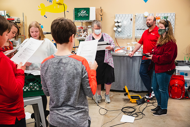Middle school students visit the Center for Excellence in STEM Education to record an audio drama with students and faculty from CMU’s BCA program.