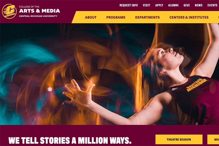 A screen capture of the College of Arts and media home page featuring an image of a student in a CMU athletics shirt surrounded by yellow artistic blurs.