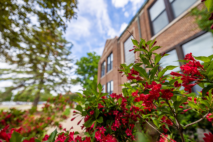 Flowers bloom on a warm summer day in front of Wightman Hall.