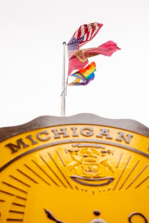 In honor of LGTQ+ Pride Month, the new Progress Pride Flag is displayed in front of CMU’s Warriner Hall.