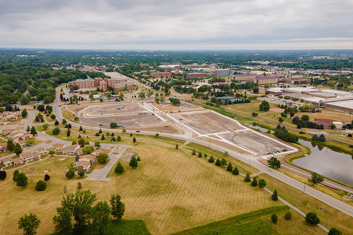 An aerial view of the new parking area, lot 75, for first-year and special event overflow parking.