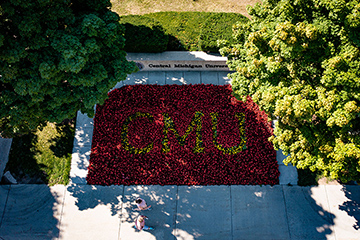 Maroon and gold flowers form the familiar CMU letters in a flowerbed on the north side of Warriner Mall.