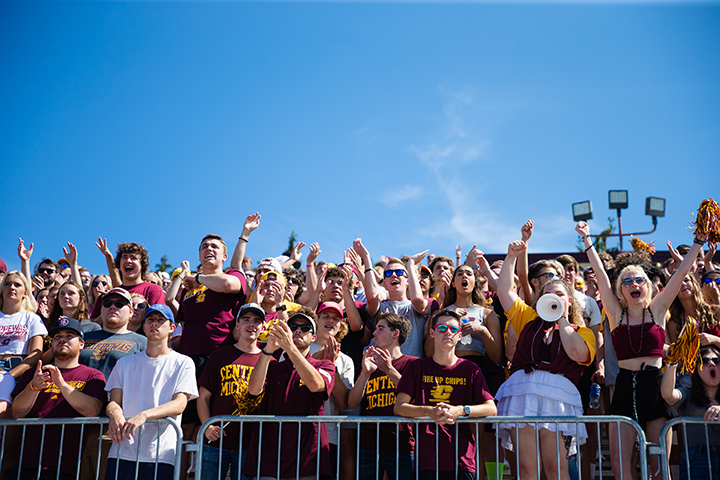 CMU students cheer from the student section during the football home opener against South Alabama.