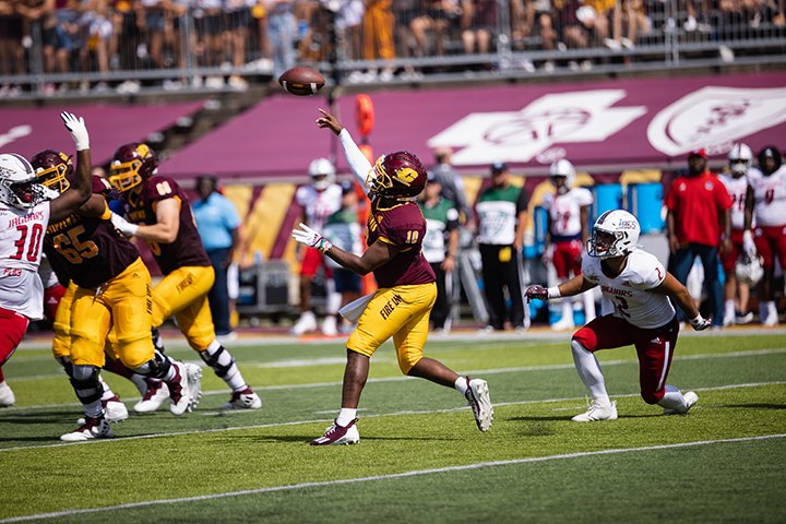 CMU sophomore quarterback Daniel Richardson drops back to pass against South Alabama.