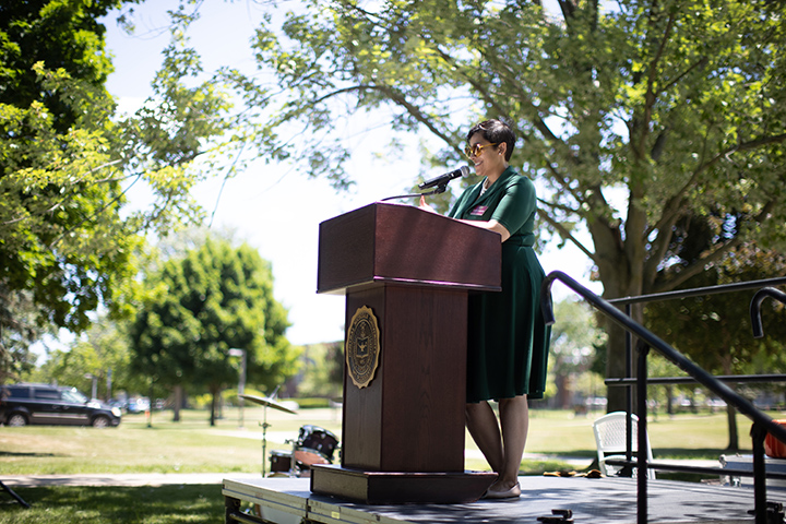 CMU Chief Diversity Officer Shawna Patterson-Stephens speaks at the 2022 Juneteenth on Warriner event. This photo was taken on Friday, June 17 in front of Warriner Hall.