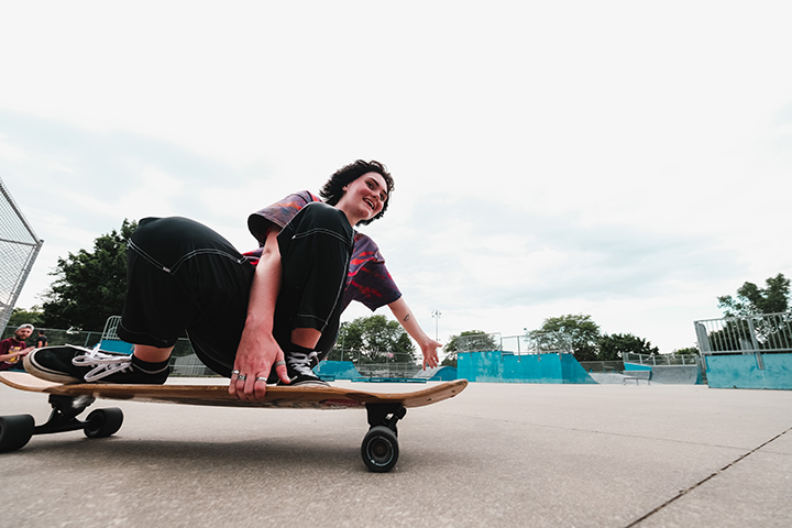 CMU student, Ray Dufty, rides their longboard through the Mt. Pleasant Skatepark. This photo was taken at Island Park on Friday, June 10.