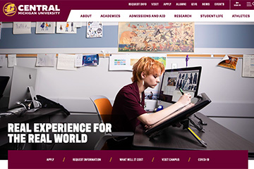 A screen capture of the cmich.edu home page where a student sits at a table doing graphic design on a computer with the words "Real Experience for the Real World" in the foreground.
