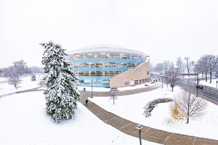 An aerial view of the Charles V. Park Library on a snowy day.