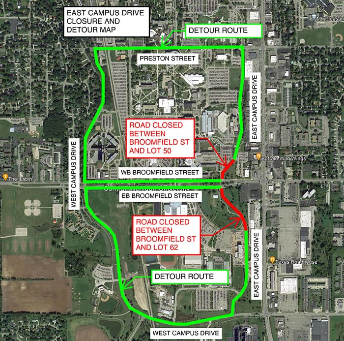 Detour route East Campus Drive closure.