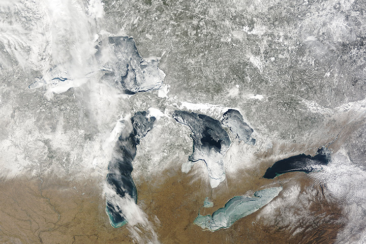 MODIS satellite image of the Great Lakes showing maximum ice extent on March 4, 2009. Image credit: NOAA Great Lakes Environmental Research Laboratory