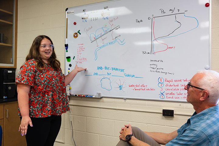 A female college student wearing a flowery red shirt and black pants stands and points at words written on a whiteboard as professor Larry Lemke sits in a chair next to the whiteboard.