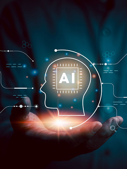 The outlined profile of a head with the letters AI inside it surrounded by icons of an envelope, question mark, paper and pencil, message bubble, lightbulb and globe.