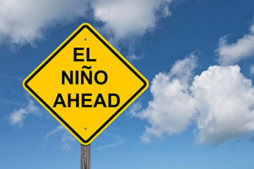 A yellow sign in front of a blue sky. The words El nino ahead are on the sign.