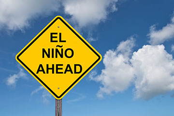 A yellow sign in front of a blue sky. The words El nino ahead are on the sign.
