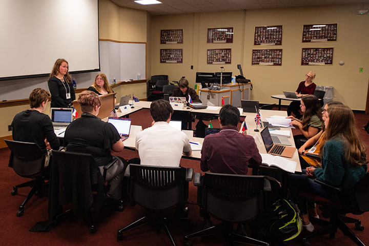 Central Michigan University students role playing members of the United Nations Security Council for a history course.