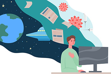 An illustration of a woman sitting at a computer screen as various conspiracy theories flow from it.