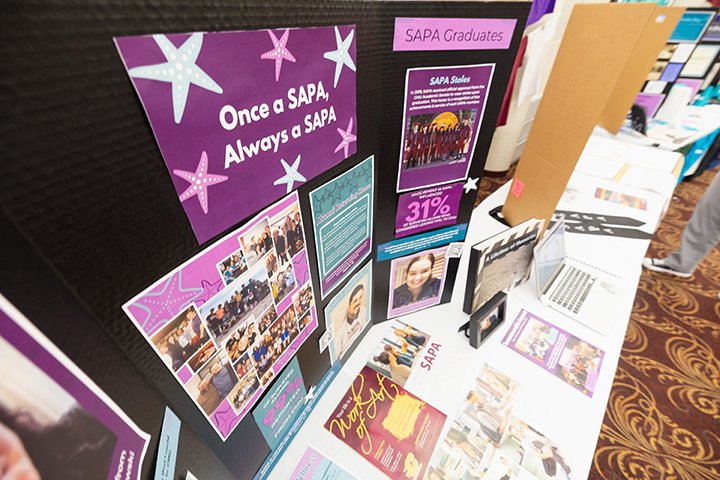 A posterboard display sits on a table showcasing historical details from the Sexual Aggression Peer Advocates program.
