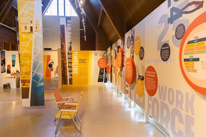 A wide angle view of the CMU Art Gallery with newly-added graphic design items on white walls.