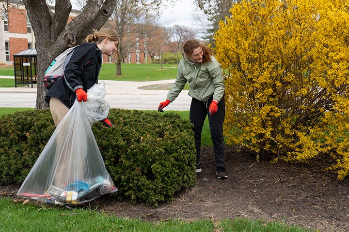 Two female students pick up litter near a green and yellow shrub.