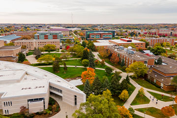 The heart of Central Michigan University's campus from above on a fall day.