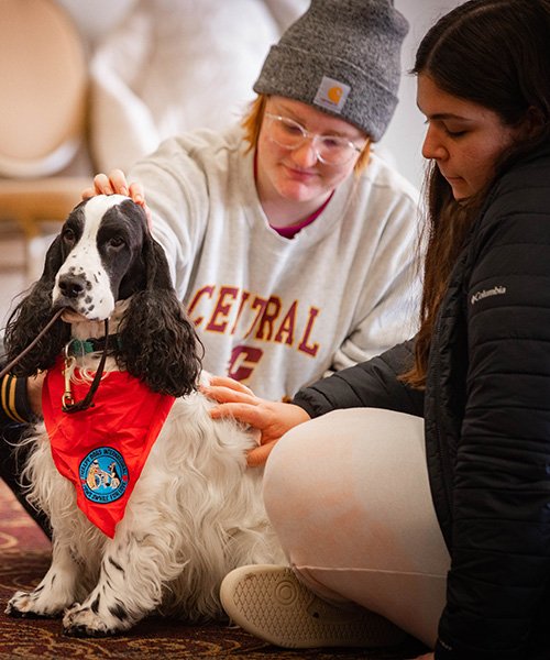 Students sit on the ground petting a dog wearing a red scarf.