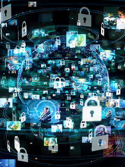 A computer-generated representation of cybersecurity with images of locks, people and various technology-related items rotating around a globe.