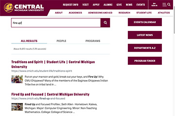 Screen capture of Central Michigan's new search engine results page showing results for the search term "fire up!"