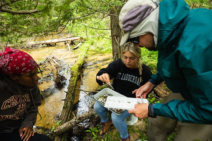 Two students and a professor sit next to a river while doing research.