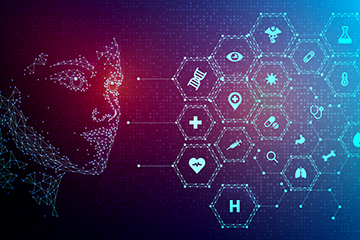 Icons representing different medical concepts connected to a digitized image of a human face to represent the role of artificial intelligence in the future of medicine.
