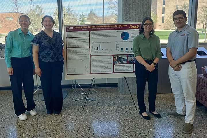Three women and one man stand in front of a poster used during a project presentation.