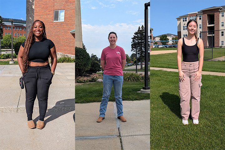A collage of photos of three young women smiling and standing outside.