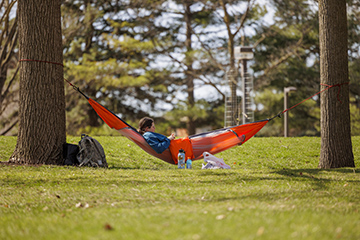 A CMU student sits in a hammock tied between two trees on a nice sunny day.