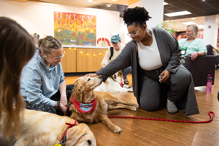 A female CMU student pets a therapy dog on the floor inside the Bovee University Center.