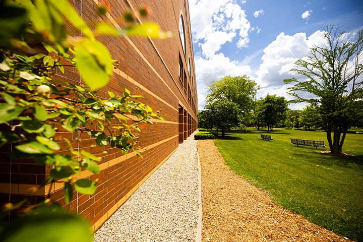 A wide angle view of the side of the Park Library where a brick wall trails off into the distance with the sun, clouds and blue sky above.