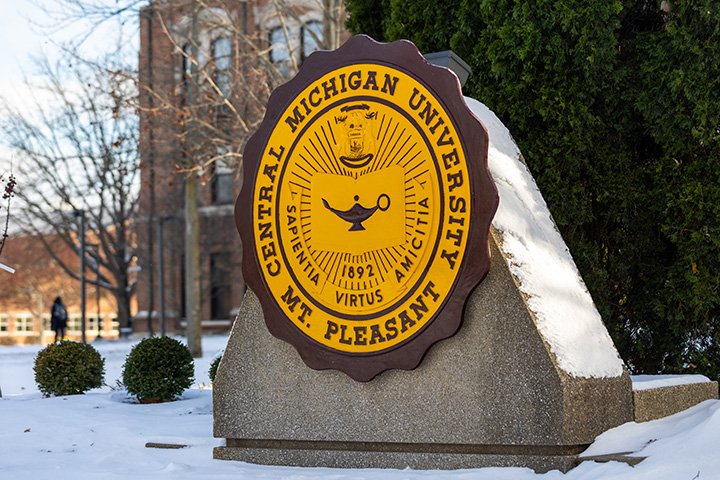The CMU seal surrounded by snow on a sunny day.