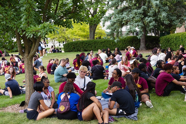 A group of people sitting on the grass