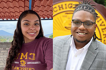 Two head shots, the one on the left of a young woman with long hair and wearing a CMU sweatshirt and the one on the right of a young man wearing a gray blazer and white collared shirt with part of a seal behind him.