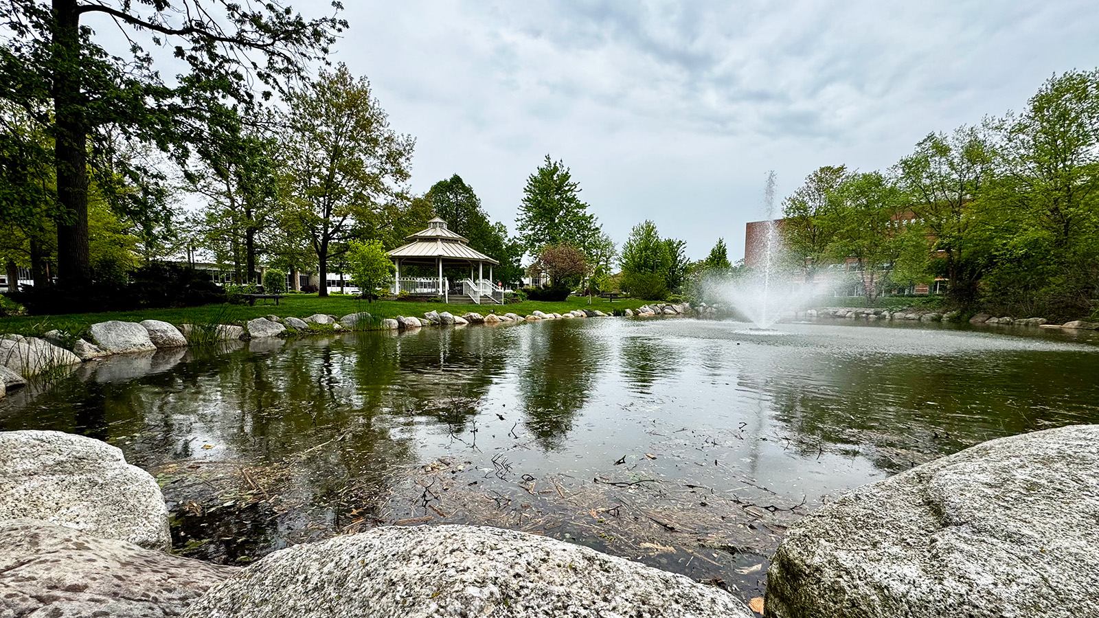 A pond with a fountain in the middle of it
