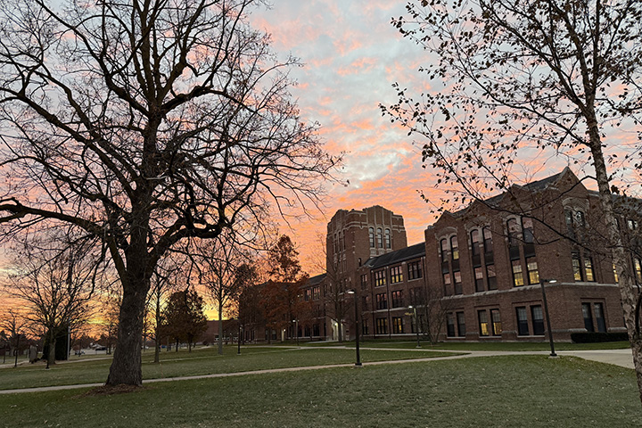 A beautiful sunrise over Warriner Hall