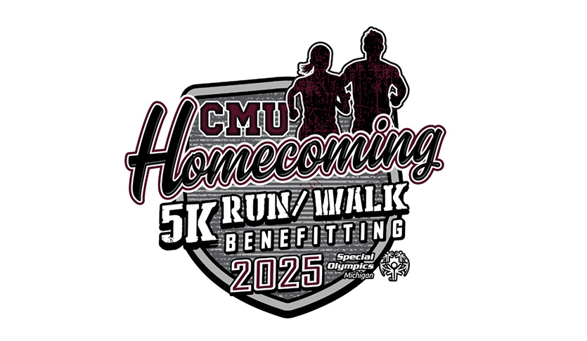 A logo with silhouettes of two people running and the words 2025 CMU Homecoming 5K Run/Walk Benefiting Special Olympics Michigan