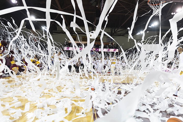 Toilet paper flies all around and onto the court inside McGuirk Arena.
