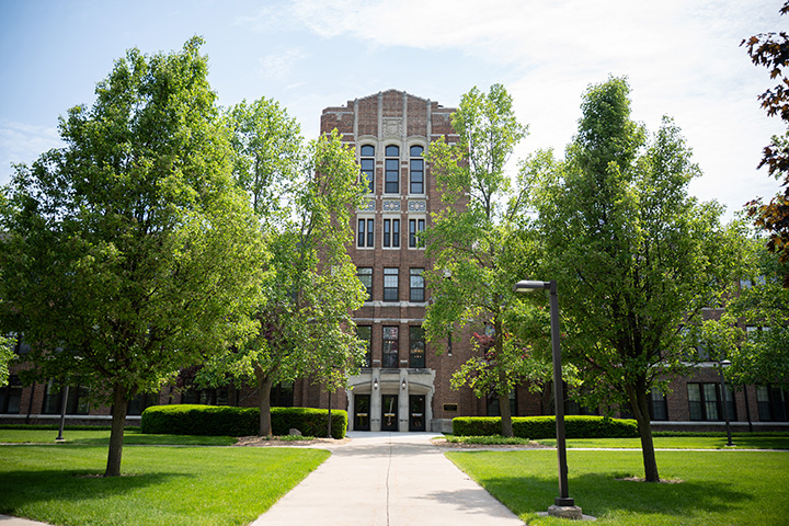 A building with trees around it