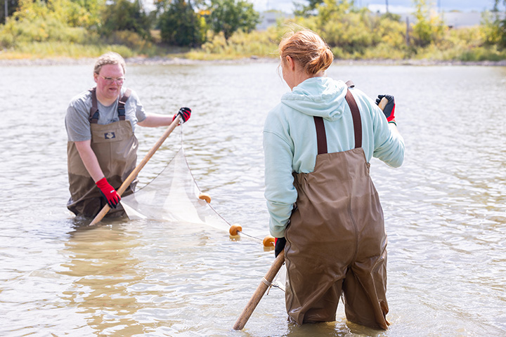 Two people in water holding fishing nets