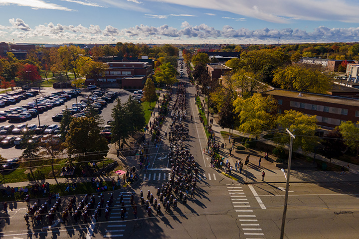 An aerial view of a the CMU homecoming parade