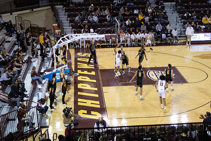 A view looking down on a CMU men's basketball game from the upper seats in the arena