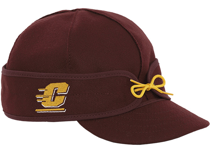 A maroon hat with a yellow tie in the front and a CMU logo on the side.